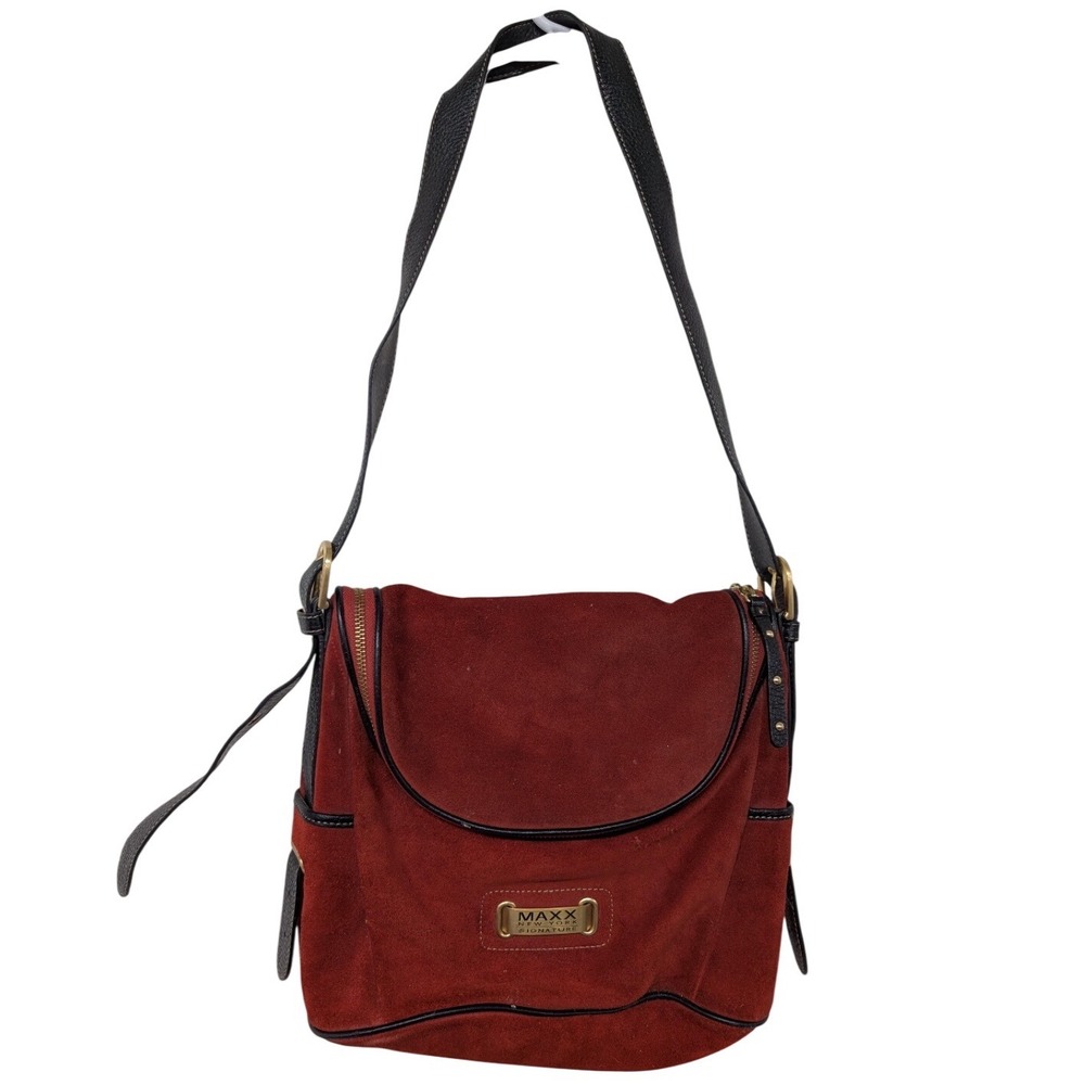 Maxx New York Signature‎ Red Suede Black Leather Trim Paisley Shoulder Bag